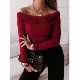 Off Shoulder Sexy Lace Patchwork Long Sleeve Knitting Shirt