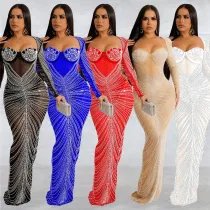 Fashion Women'S Rhinestone Beaded Mesh See-Through Long-Sleeve Backless Evening Party Long Dress