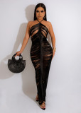 Women'S Nightclub Dress Cutout See-Through Fringe Sexy Low Back Straps Halter Neck Maxi Dress