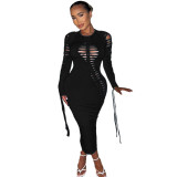 Women's Round Neck Style Braided Long Sleeve Lace Up Sexy Dress
