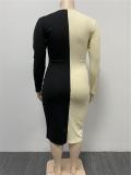 Plus Size Women's Ribbed Patchwork Slit V-Neck Long Sleeve Dress