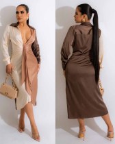 Women's Sexy Solid Color Patchwork Lace-Up V-Neck Long Sleeve Dress