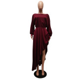 Fall Solid Color Off Shoulder Ruffled Slit Dress