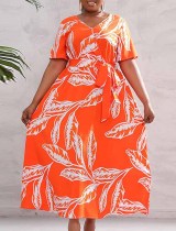 Plus Size Dress Damen V-Ausschnitt Loose Swing Feather Print Jumpsuit