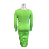 Plus Size Women's Solid Color Pleated Long Sleeve Maxi Dress Plus Size