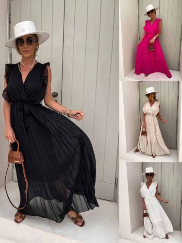 Sexy V-Neck Cross Ruffle Sleeve Pleated Dress