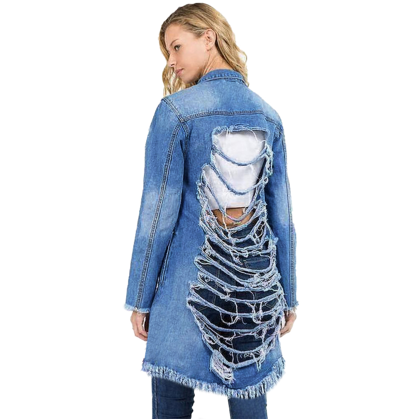 2021 Fashion Sexy Back Chains Hollow Out Long Denim Jacket Spring Autumn  Women Backless Ripped Hole Jeans Jacket Streetwear Coat - Denim Coat -  AliExpress