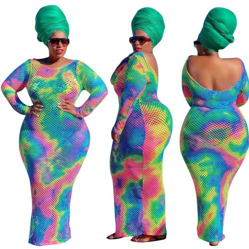 Plus Size Women's Tie Dye Print Cutout Slim Fit Long Sleeve Maxi Dress