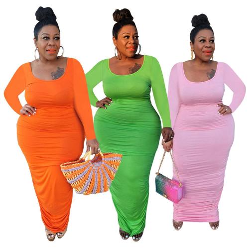 Büyük Beden Kadın Düz Renk Pileli Uzun Kollu Maksi Elbise Büyük Beden
