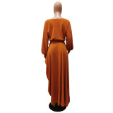 Fall Solid Color Off Shoulder Ruffled Slit Dress
