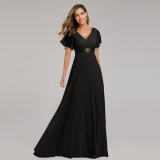 Spring/Summer Swing Double V-Neck Bell Bottom Sleeve Dress Elastic Chiffon Formal Party Bridesmaid Dress Plus Size
