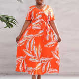 Plus Size Dress Damen V-Ausschnitt Loose Swing Feather Print Jumpsuit