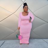 Plus Size Women's Solid Color Pleated Long Sleeve Maxi Dress Plus Size