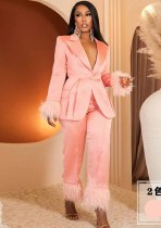 Women's Fashion Two-piece Blazer and Pants Suits with Feather