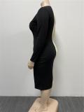 Plus Size Women's Ribbed Patchwork Slit V-Neck Long Sleeve Dress