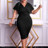 African Plus Size Women's Fashion Slim Fit V-Neck Chic Office Dress