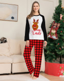 Christmas Fawn Letter Plaid Print Long Sleeve Top+Pant Loungewear Pajamas Two Piece Set