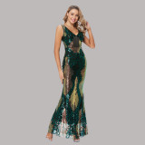 Plus Size Women Elegant Sequin Sleeveless V-Neck Party Fishtail Evening Dress