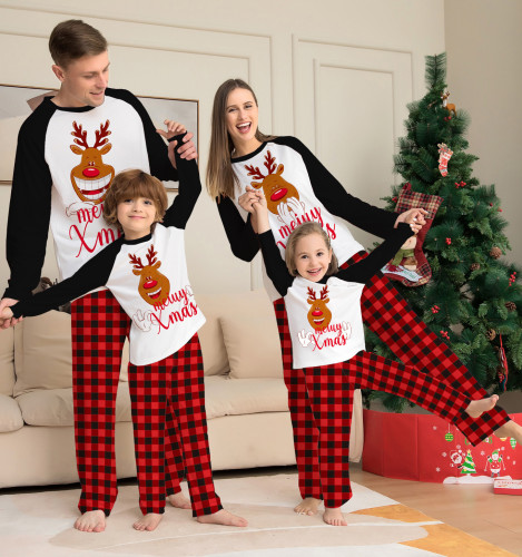 Weihnachten Rehkitz Brief Plaid Print Langarm Top + Hose Loungewear Pyjamas zweiteiliges Set