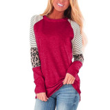 Women Round Neck Long Sleeve Colorblock Leopard T-Shirt