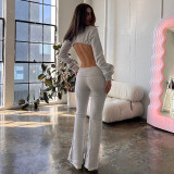 Women Fall Long Sleeve Backless Lace-Up Top+ Pants Two Piece