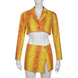 Women Vintage Print Blazer + Split Skirt Two-Piece Set