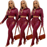 Women Casual Solid Pu Leather Ruched Zip Long Sleeve Crop Top+ Trousers Two Piece