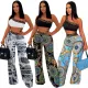 Sexy Slim Print Slash Shoulder Sleeveless Crop Top Pants Two-Piece Nightclub Suit