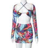 Women autumn print wrap chest long-sleeved top+mini dress 3 piece