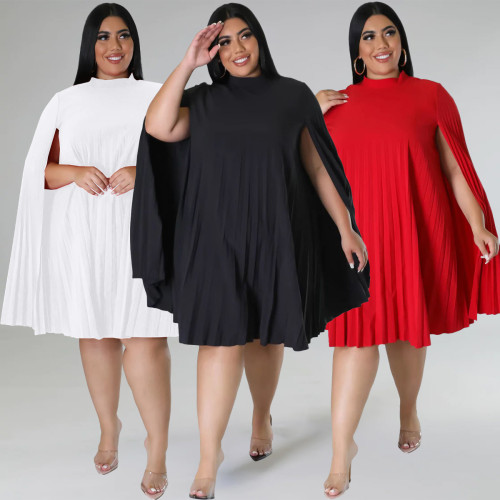 Plus Size Women Casual Solid Pleated Dress