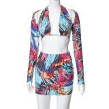 Women autumn print wrap chest long-sleeved top+mini dress 3 piece