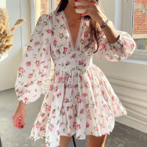 Women'S Fall Chic Sweet Floral Print V-Neck Puff Sleeve A-Line Dress