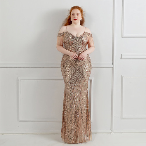 Elegant Strap Off Shoulder Tassels Sequin Plus Size Beauty Long Formal Party Evening Dress