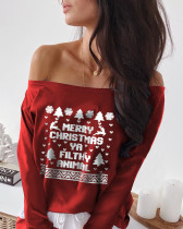 Camiseta de manga larga con hombros descubiertos de Navidad para mujer