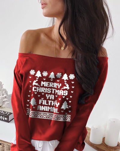 Dames T-shirt met off-shoulder kerstmis en lange mouwen