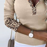 Women'S Beige Leopard Casual Long Sleeve Top