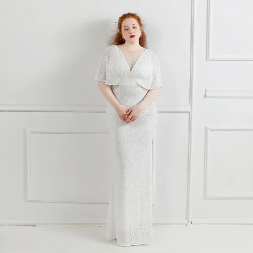 Elegant V-Neck Solid Sequin Plus Size Beauty Long Formal Party Evening Dress
