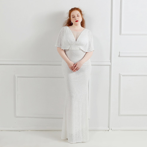 Elegante V-hals Solid Sequin Plus Size Beauty Lange formele feestavondjurk
