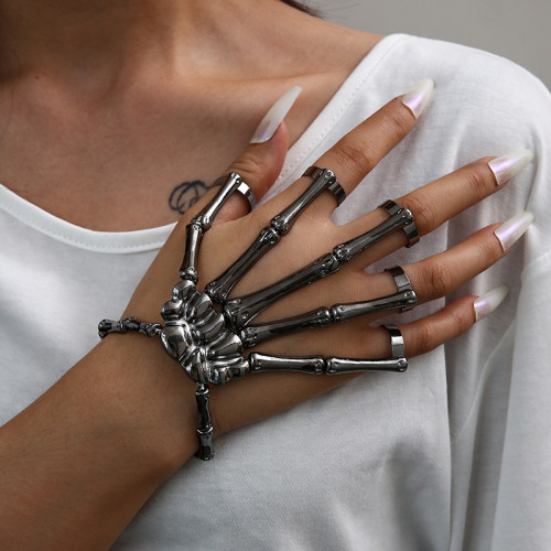 (2 шт.) Ювелирный модный стиль, панк, череп, кость, универсальный браслет с пятью пальцами, регулируемое кольцо