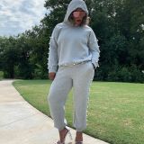 Women'S Autumn Winter Long Sleeve Solid Pearl Beaded Hooded Cotton Hoodies And Sweatpants Two Piece Set
