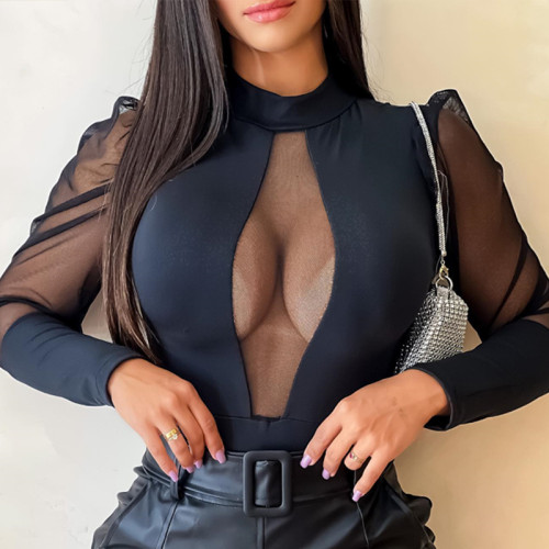 Sexy zwarte doorschijnende mesh-body met lange mouwen en patchwork voor dames