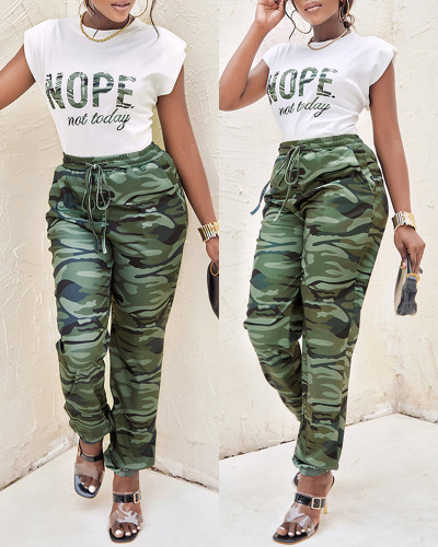 Casual Pad Shoulder Short Sleeve Top And Camouflage Pants Two Piece Set