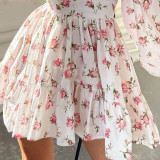 Women'S Fall Chic Sweet Floral Print V-Neck Puff Sleeve A-Line Dress