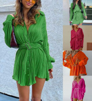 Summer Women'S Chic Loose Pleated Casual Single-Breasted Shirt Dress With Belt