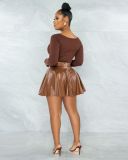 Women'S Casual Solid Color Long Sleeve V-Neck Ribe Top Pu Leather Short Skirt Two Piece Set