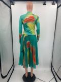 Women'S Fashion Fall/Winter Fashion Print Long Sleeve Pleated High Waist Two Piece Skirt Set
