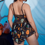 Plus Size Sexy Halloween Pumpkin Skull Print Strap Sexy Skirt Set