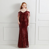 Elegant Strap Off Shoulder Tassels Sequin Plus Size Beauty Long Formal Party Evening Dress