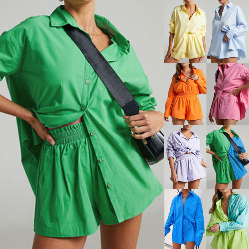 Conjunto de moda casual colorblock camisa de peito simples shorts elástico conjunto de duas peças