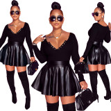 Women'S Casual Solid Color Long Sleeve V-Neck Ribe Top Pu Leather Short Skirt Two Piece Set